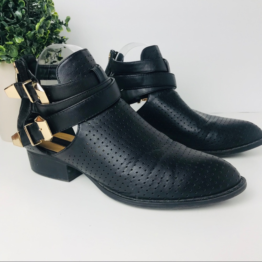Dollhouse | black booties gold buckles eyelets